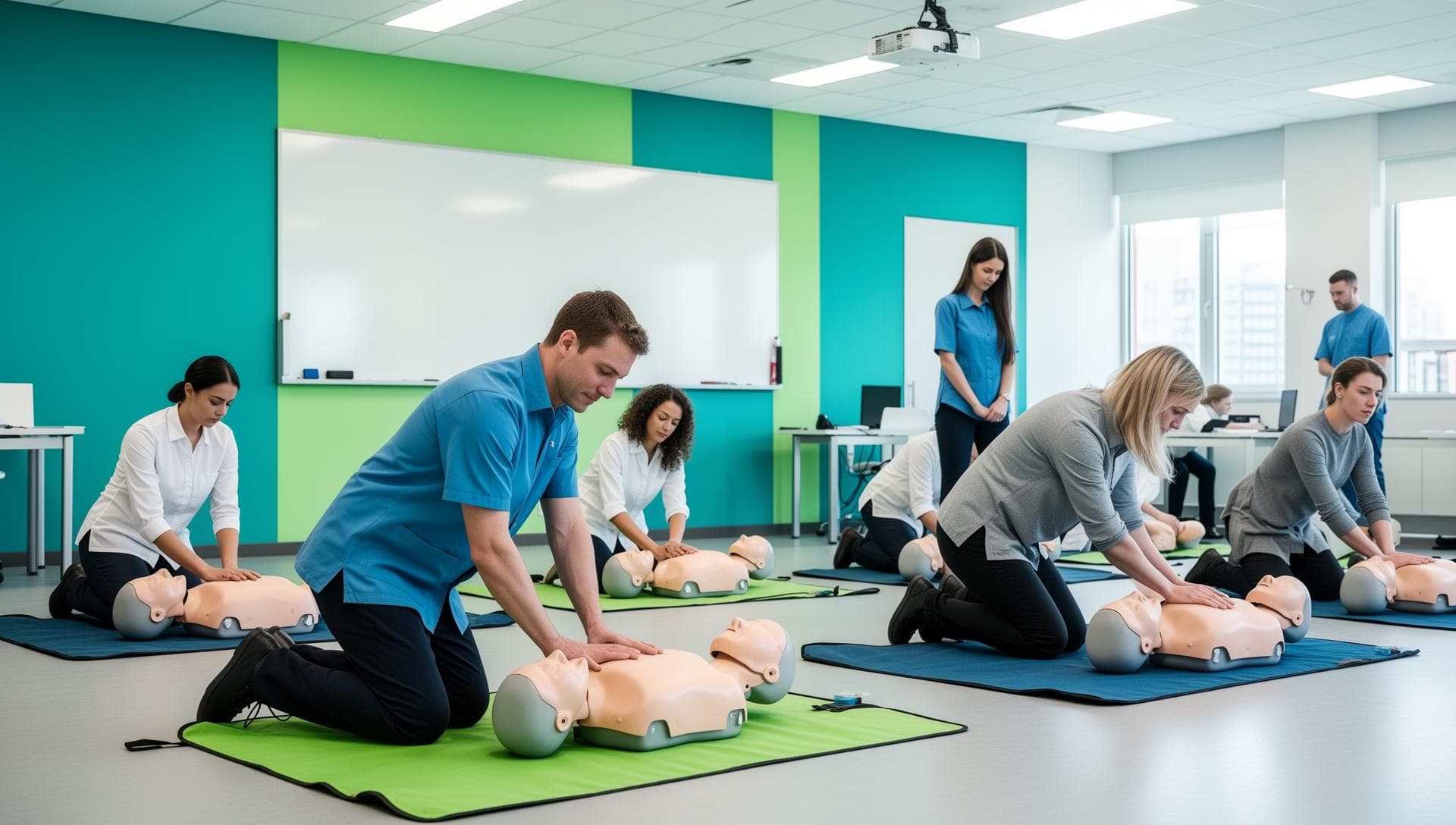 Adults practising CPR on training manikins in a first aid classroom